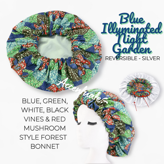 Blue Illuminated Night Garden Design / Silver Reversible Bonnet (Adult Size)