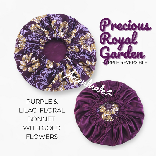 Precious Royal Garden Design / Purple Reversible Bonnet (Adult Size)