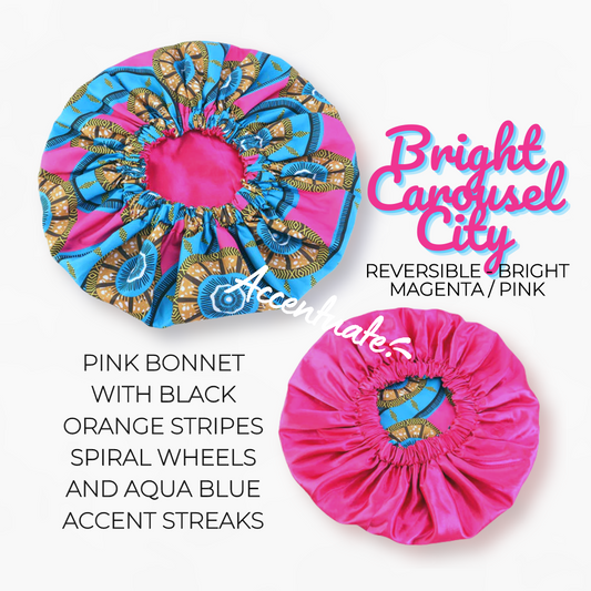 Bright Carousel City Design / Bright Magenta Pink Reversible Bonnet (Adult Size)