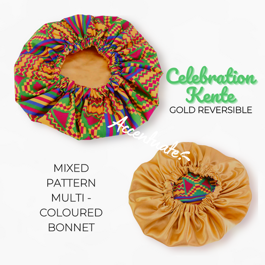 Celebration Kente Design / Gold Reversible Bonnet (Adult Size)