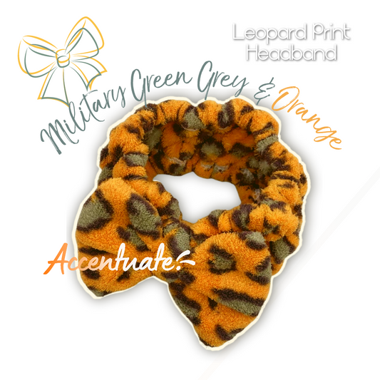 Military Green Grey & Orange Leopard Print Spa Headband (Adult Size)