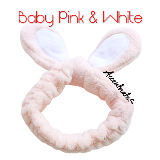 Baby Pink & White Bunny Wire Ears Plain Spa Headband (Adult Size)