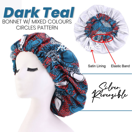 Dark Teal / Mixed Circles Pattern Bonnet - Silver Reversible (Adult Size)