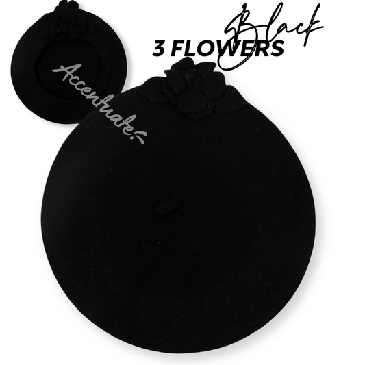 Black Embroidered Flower Plain Beret (Adult Size)