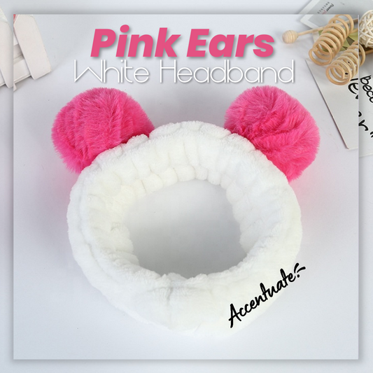 Panda Style: Pink Ears & White Plain Spa Headband (Adult Size)