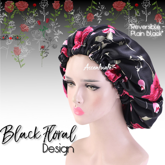 Floral Design Black Reversible Bonnet (Adult Size)