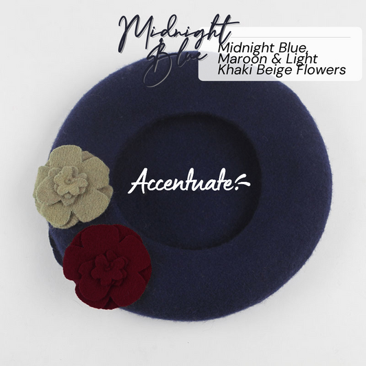 Midnight Blue Beret & 3 Flowers - Midnight Blue, Maroon, & Light Khaki Beige (Adult Size)