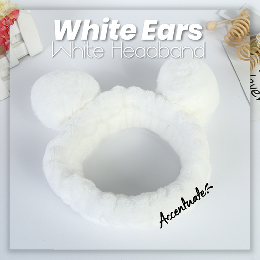 Panda Style: White Ears & White Plain Spa Headband (Adult Size)