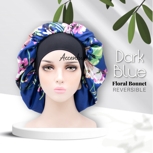 Dark Blue & Floral Design / Silver Reversible Bonnet with Wide Spandex Band (Adult Size)