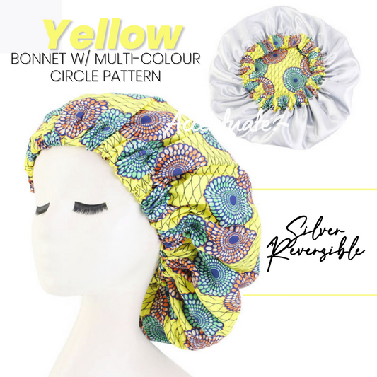 Yellow / Multi Circles Pattern Bonnet - Silver Reversible (Adult Size)