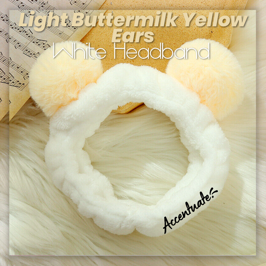 Panda Style: Light Buttermilk Yellow Ears & White Plain Spa Headband (Adult Size)
