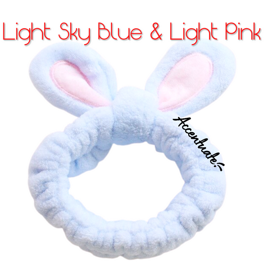 Light Sky Blue & Light Pink Bunny Wire Ears Plain Spa Headband (Adult Size)