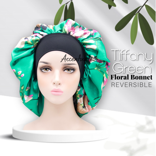 Tiffany Green & Floral Design / Silver Reversible Bonnet with Wide Spandex Band (Adult Size)
