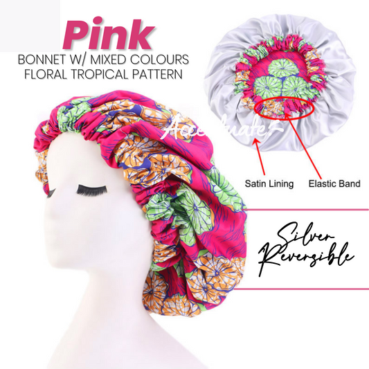 Pink / Mixed Floral Pattern Bonnet - Silver Reversible (Adult Size)