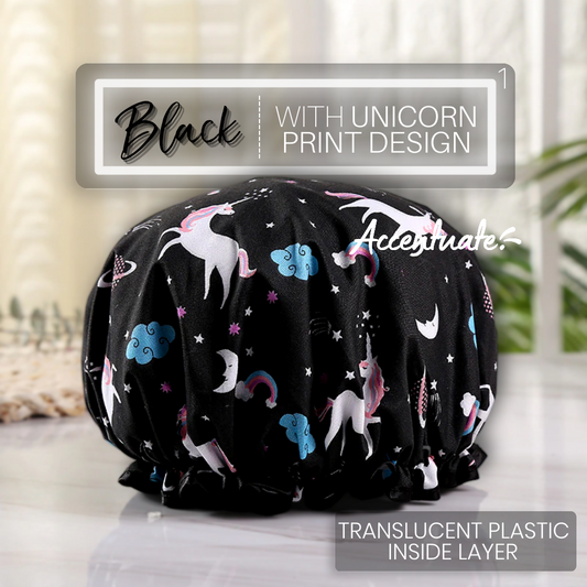 Black with Unicorn Print Design / Translucent Plastic Double Lined Bonnet (Adult Size)