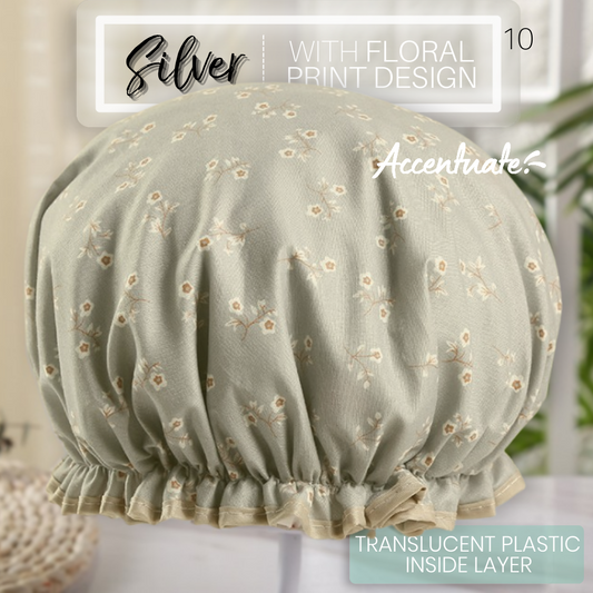 Silver with Floral Print Design / Translucent Plain Plastic Double Lined Bonnet (Adult Size)