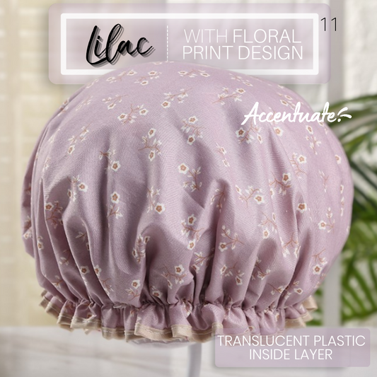 Lilac with Floral Print Design / Translucent Plain Plastic Double Lined Bonnet (Adult Size)