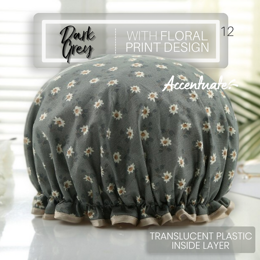 Dark Grey with Floral Print Design / Translucent Plain Plastic Double Lined Bonnet (Adult Size)