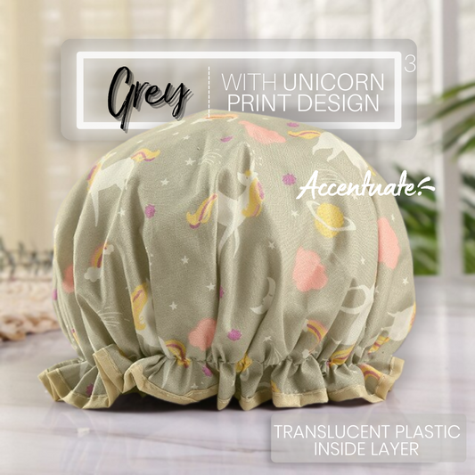 Grey with Unicorn Print Design / Translucent Plain Plastic Double Lined Bonnet (Adult Size)