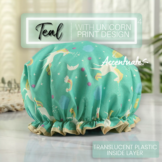 Teal with Unicorn Print Design / Translucent Plain Plastic Double Lined Bonnet (Adult Size)