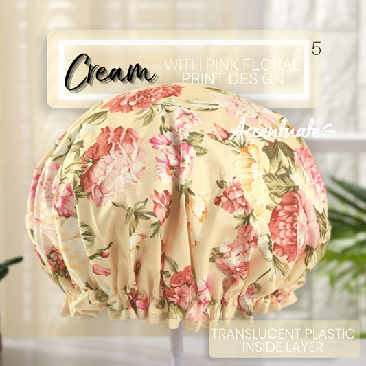 Cream with Pink Floral Print Design / Translucent Plain Plastic Double Lined Bonnet (Adult Size)