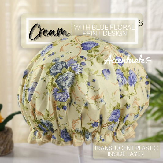 Cream with Blue Floral Print Design / Translucent Plain Plastic Double Lined Bonnet (Adult Size)