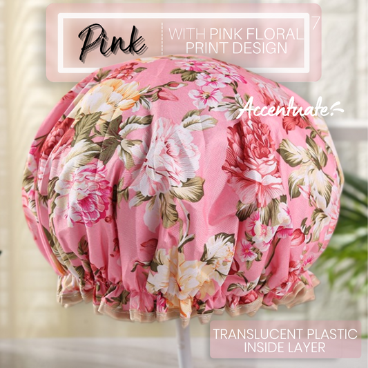 Pink with Pink Floral Print Design / Translucent Plain Plastic Double Lined Bonnet (Adult Size)