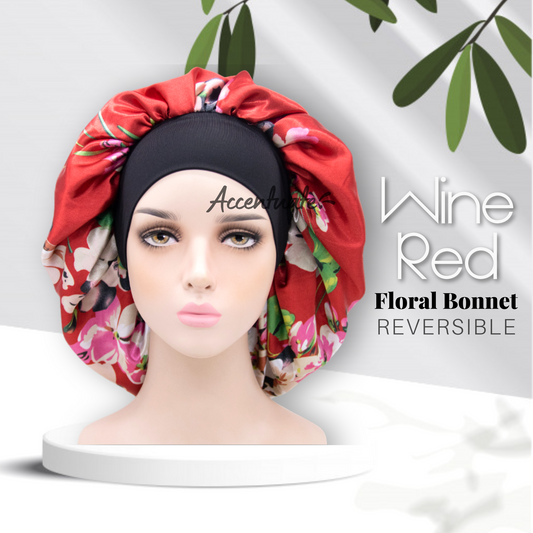 Wine Red & Floral Design / Silver Reversible Bonnet with Wide Spandex Band (Adult Size)