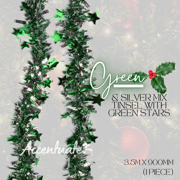 3.5 M Wide Tinsel - Green & Silver Mix Tinsel w/ Green Stars