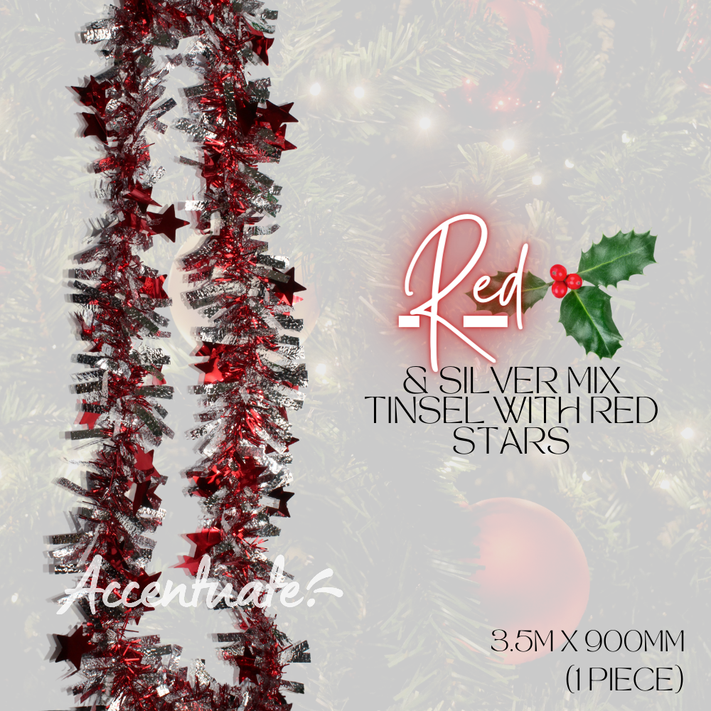 3.5 M Wide Tinsel - Red & Silver Mix w/ Red Stars