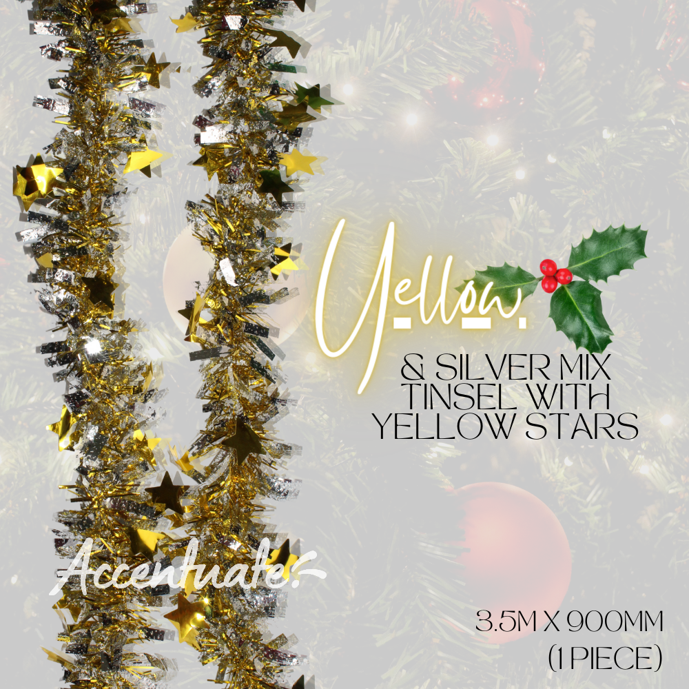 3.5 M Wide Tinsel - Yellow & Silver Mix w/ Yellow Stars