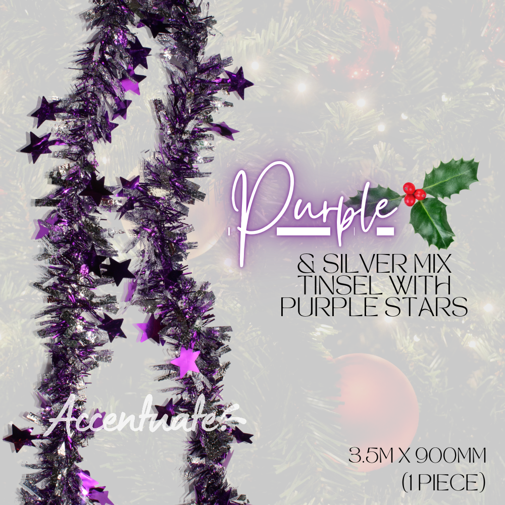 3.5 M Wide Tinsel - Purple & Silver Mix w/ Purple Stars