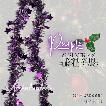 3.5 M Wide Tinsel - Purple & Silver Mix w/ Purple Stars