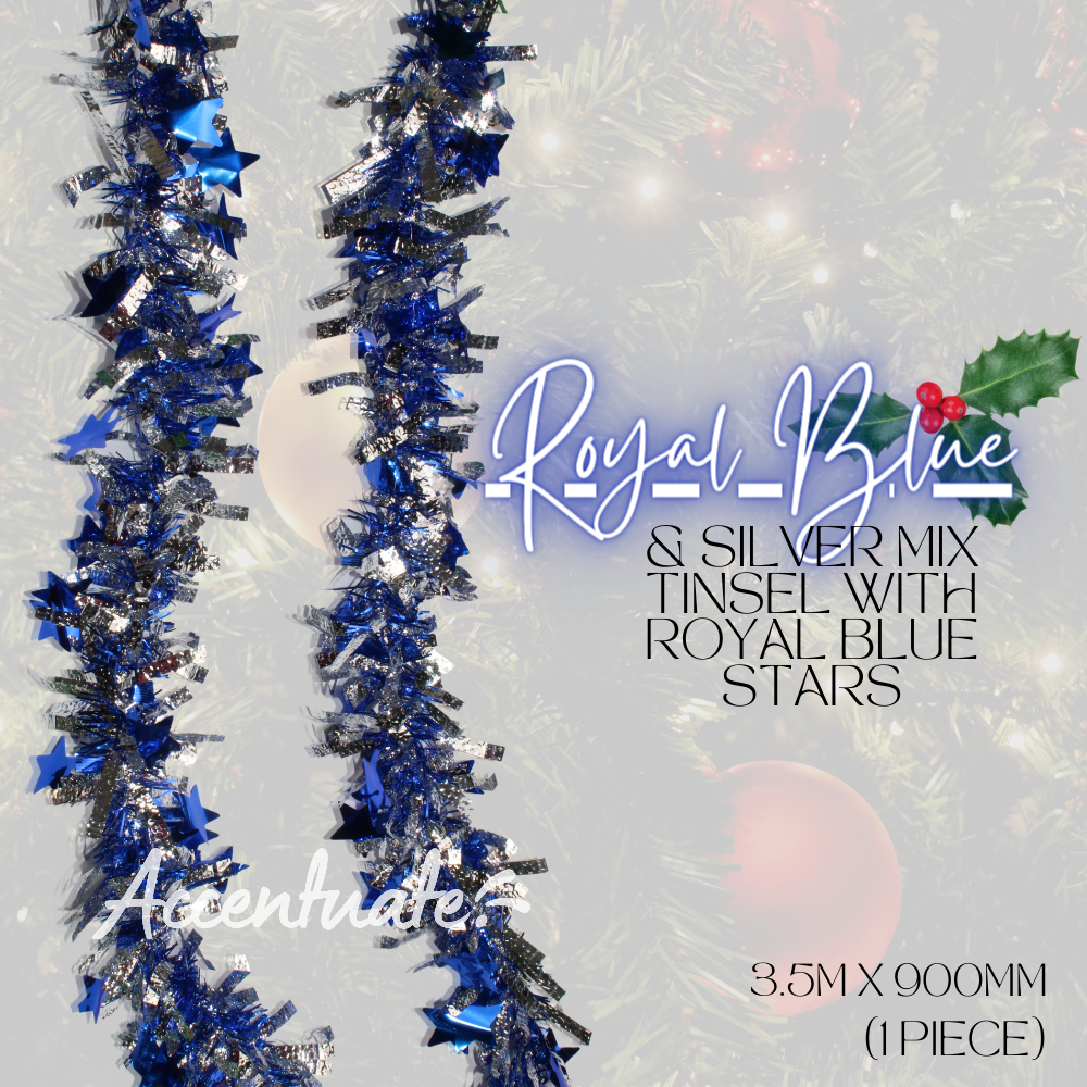 3.5 M Wide Tinsel - Royal Blue & Silver Mix w/ Royal Blue Stars