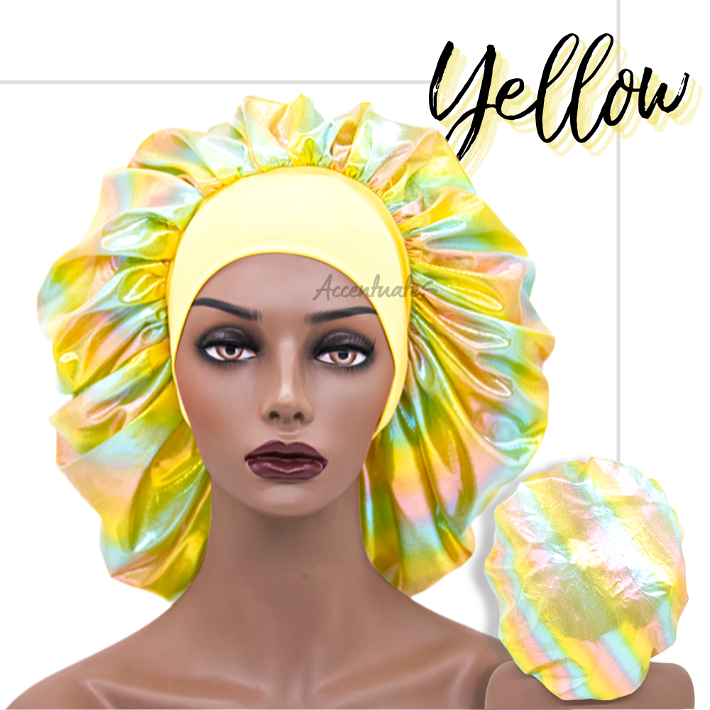 Wide Matching Colour Band Yellow Holographic Bonnet