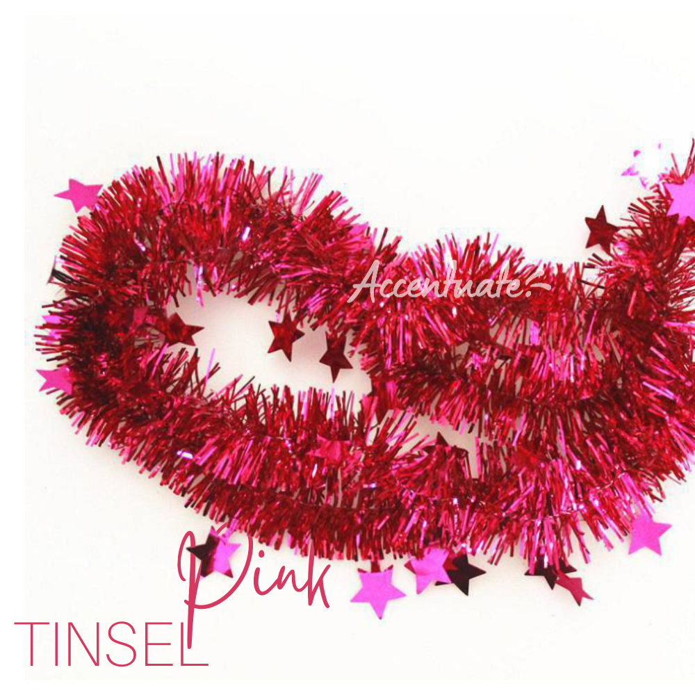 2M Long Tinsel - Plain Pink + Stars