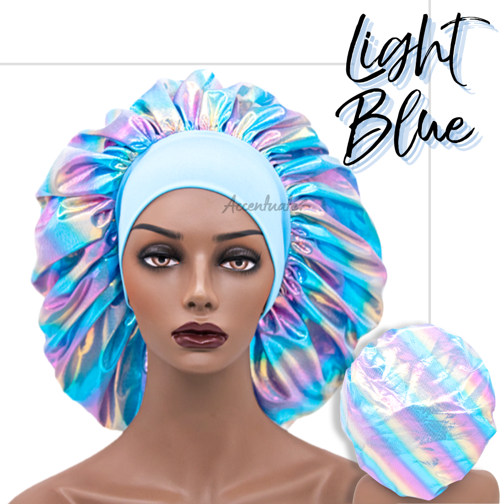 Wide Matching Colour Band Light Blue Holographic Bonnet