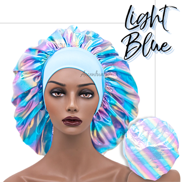 Wide Matching Colour Band Light Blue Holographic Bonnet