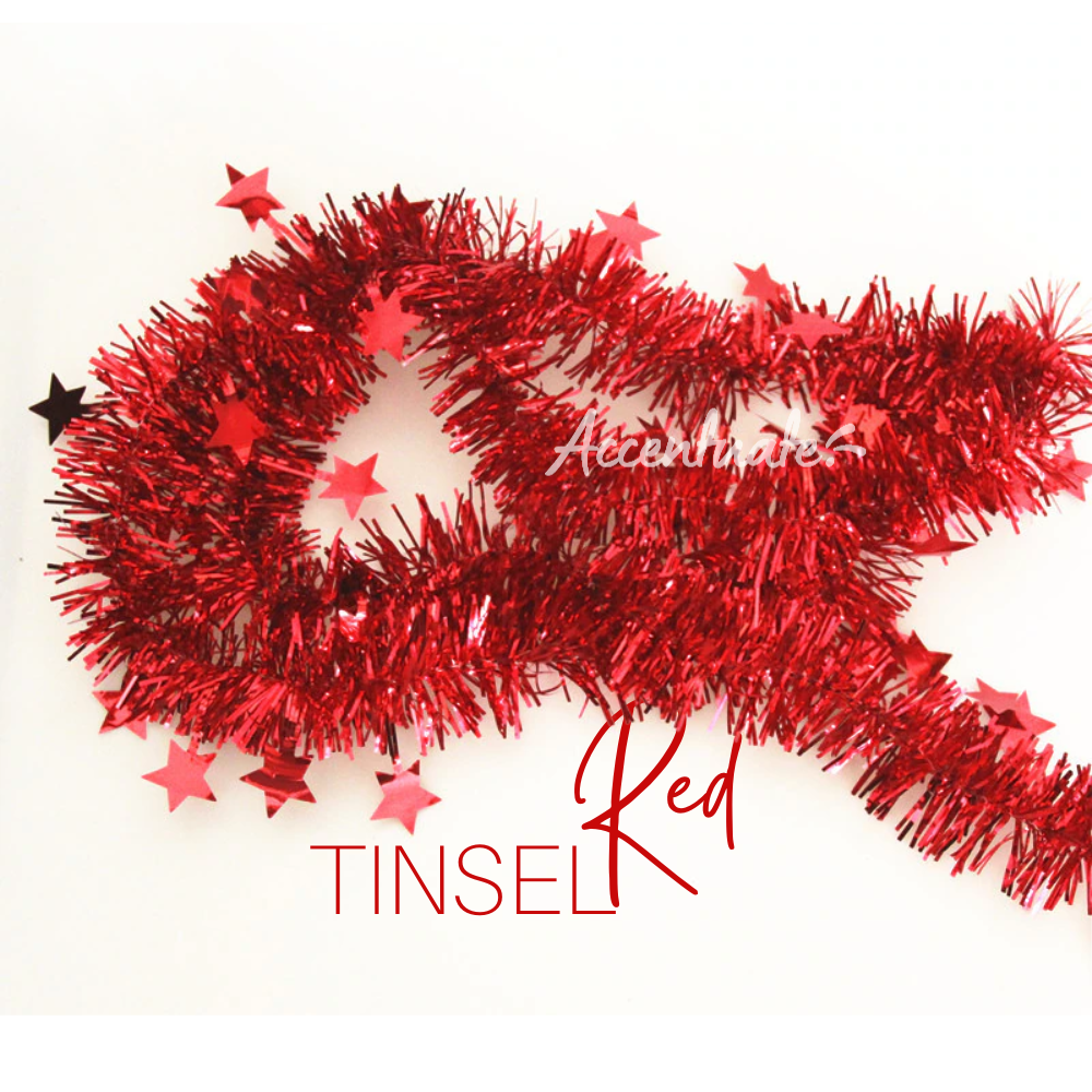 2M Long Tinsel - Plain Red + Stars