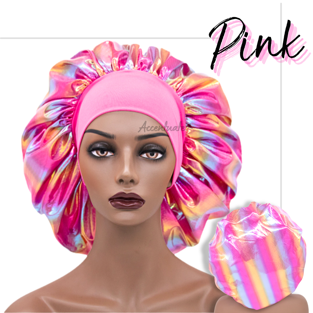 Wide Matching Colour Band Pink Holographic Bonnet