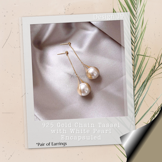 925 Gold Chain Tassel with White Pearl Encapsuled - Pair of Earrings