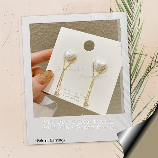 925 Pearl Heart with Gold Fine Decor Chain - Pair of Earrings