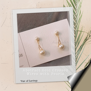 Abstract Gold Crossed Wires with Pearls - Pair of Earrings