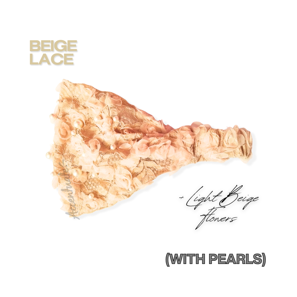 Beige lace fabric with pearls on a white background