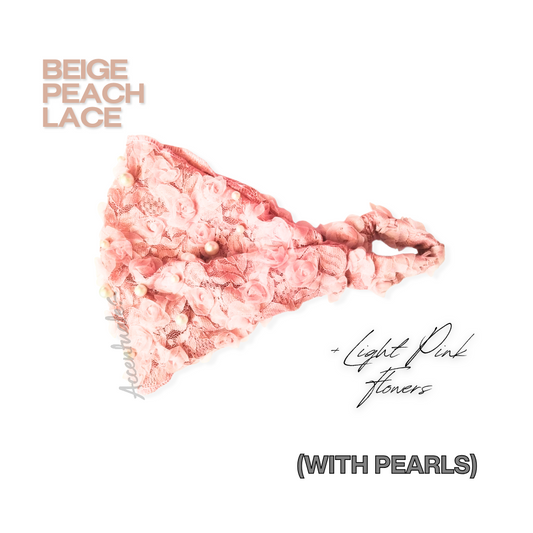 Beige Peach / Light Pink Flowers & White Pearls Lace Headband