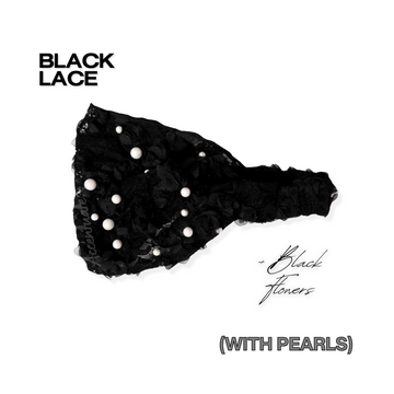 Black lace headband with pearls on a white background