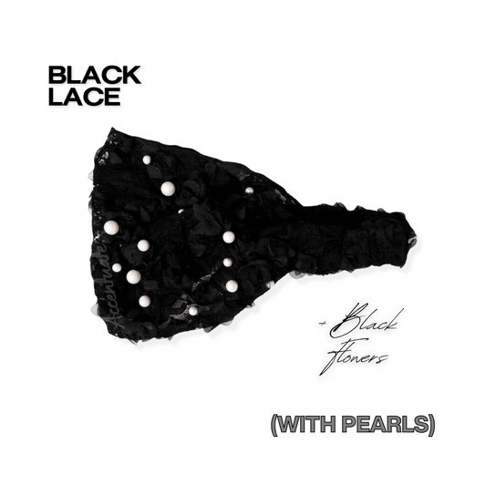 Black / Black Flowers & White Pearls Lace Headband