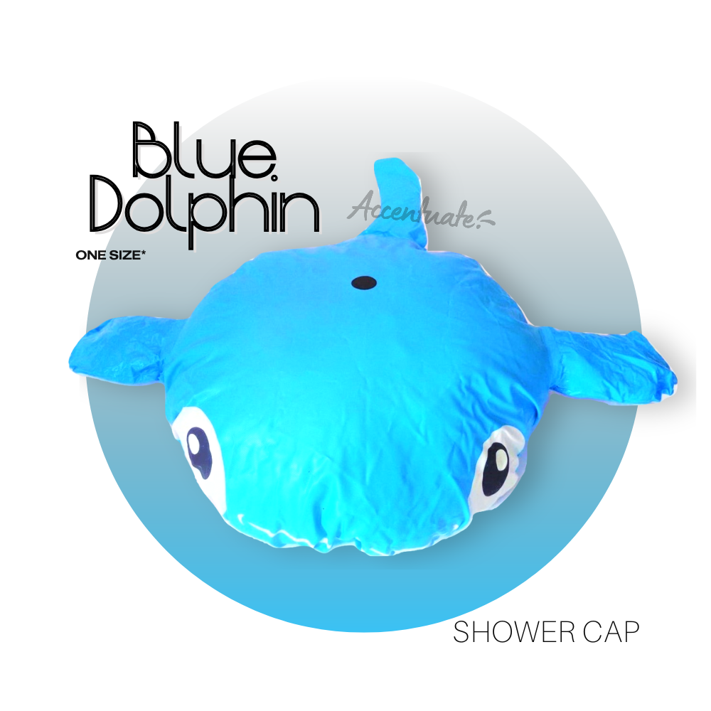 Blue dolphin-shaped shower cap on a white background with 'Blue Dolphin' branding.