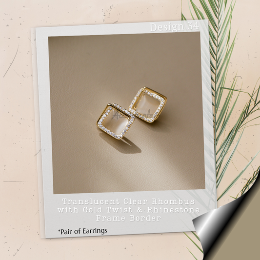 Clear Rhombus with Gold Twist Rhinestone Frame Border - Pair of Earrings