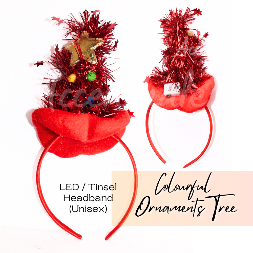 Red LED tinsel headband with Christmas tree decorations on a white background